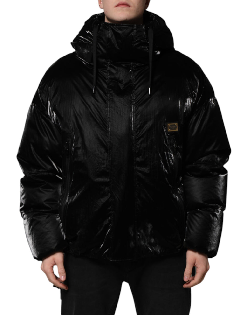 Schwarze Steppjacke mit durchgehendem Reißverschluss und Logo und Kapuze