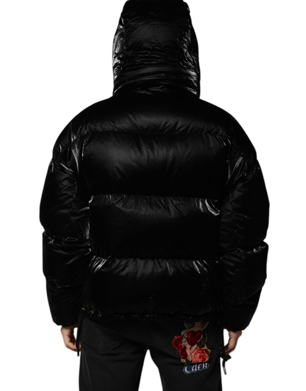 Schwarze Steppjacke mit durchgehendem Reißverschluss und Logo und Kapuze