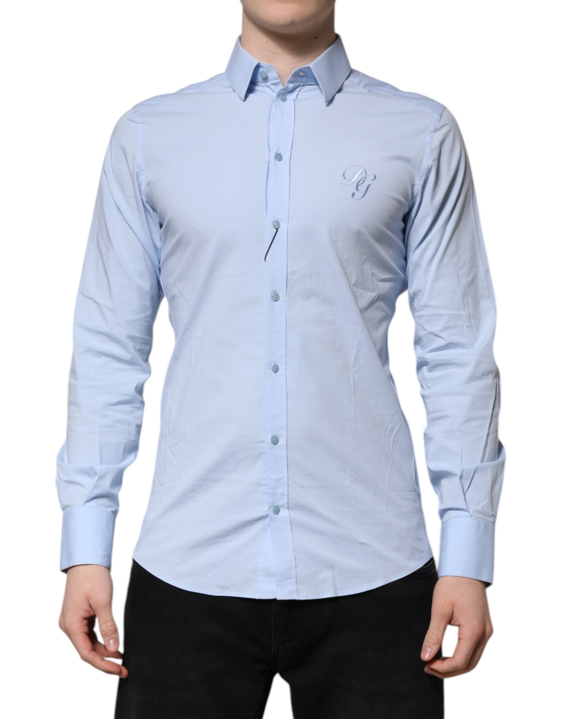 Dolce & Gabbana Sky Blue Cotton GOLD Long Sleeves Dress Shirt