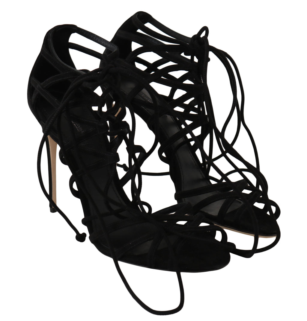 Schwarze Stiletto-Sandalen aus Wildleder mit Riemchen