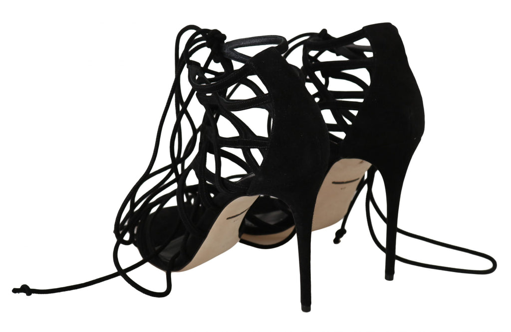 Schwarze Stiletto-Sandalen aus Wildleder mit Riemchen