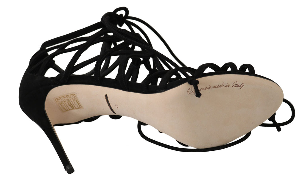 Schwarze Stiletto-Sandalen aus Wildleder mit Riemchen