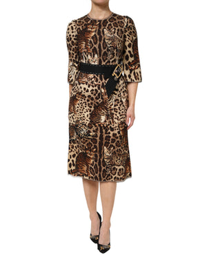Braunes A-Linien-Midikleid mit Leopardenmuster und Gürtel