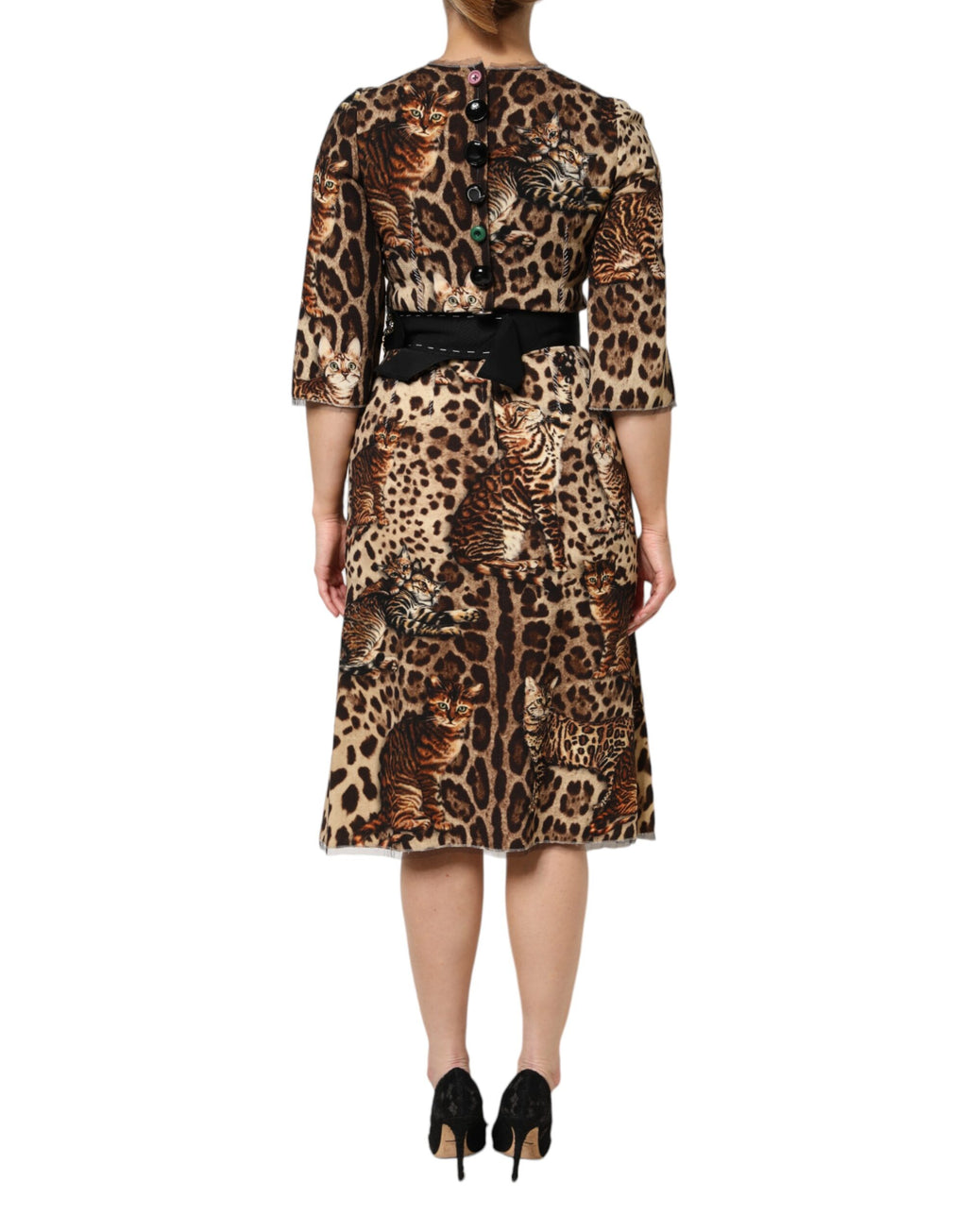 Braunes A-Linien-Midikleid mit Leopardenmuster und Gürtel