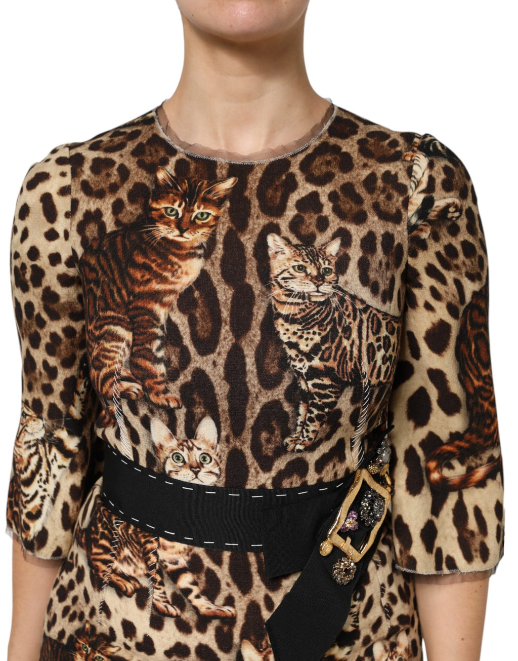 Braunes A-Linien-Midikleid mit Leopardenmuster und Gürtel
