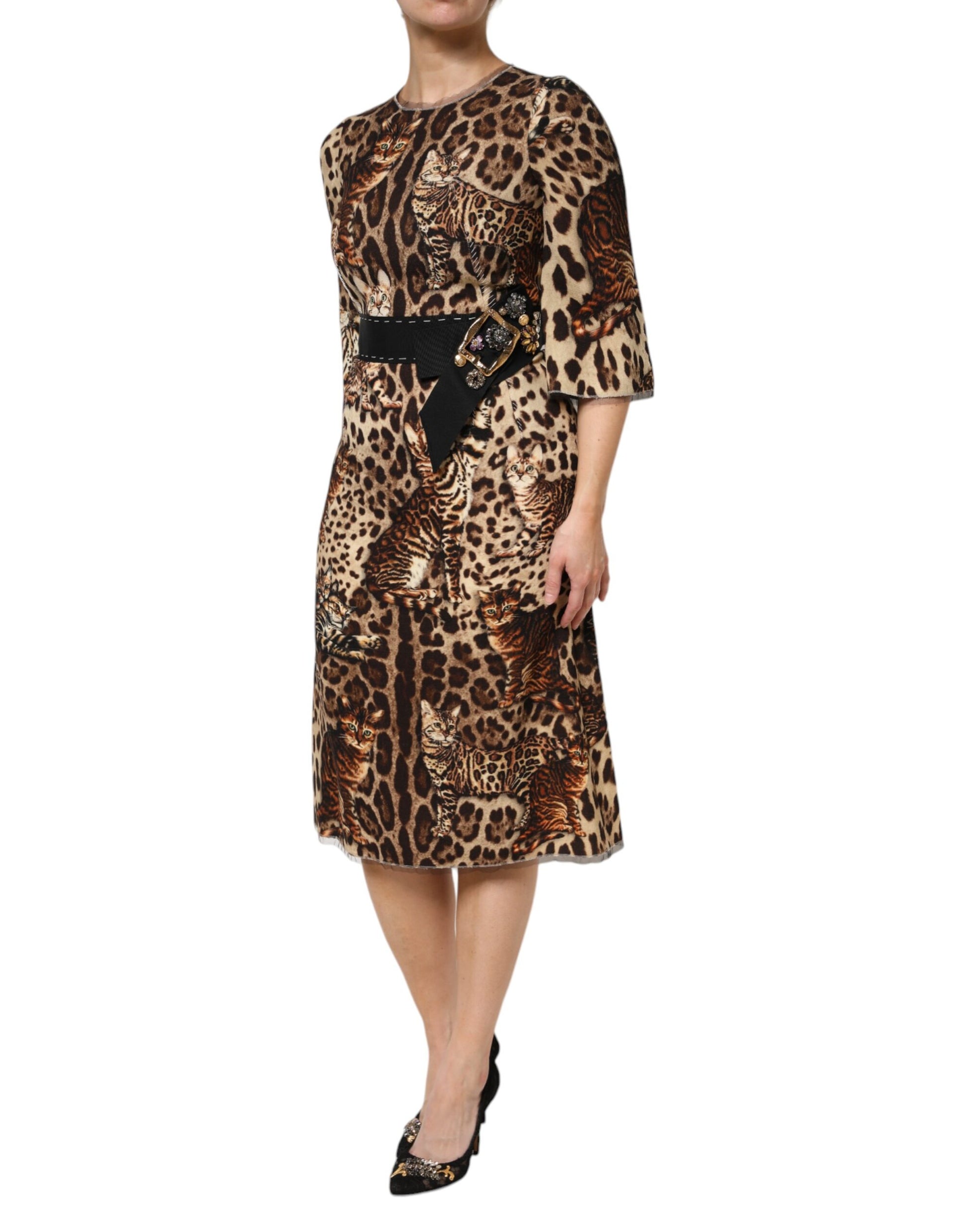 Braunes A-Linien-Midikleid mit Leopardenmuster und Gürtel