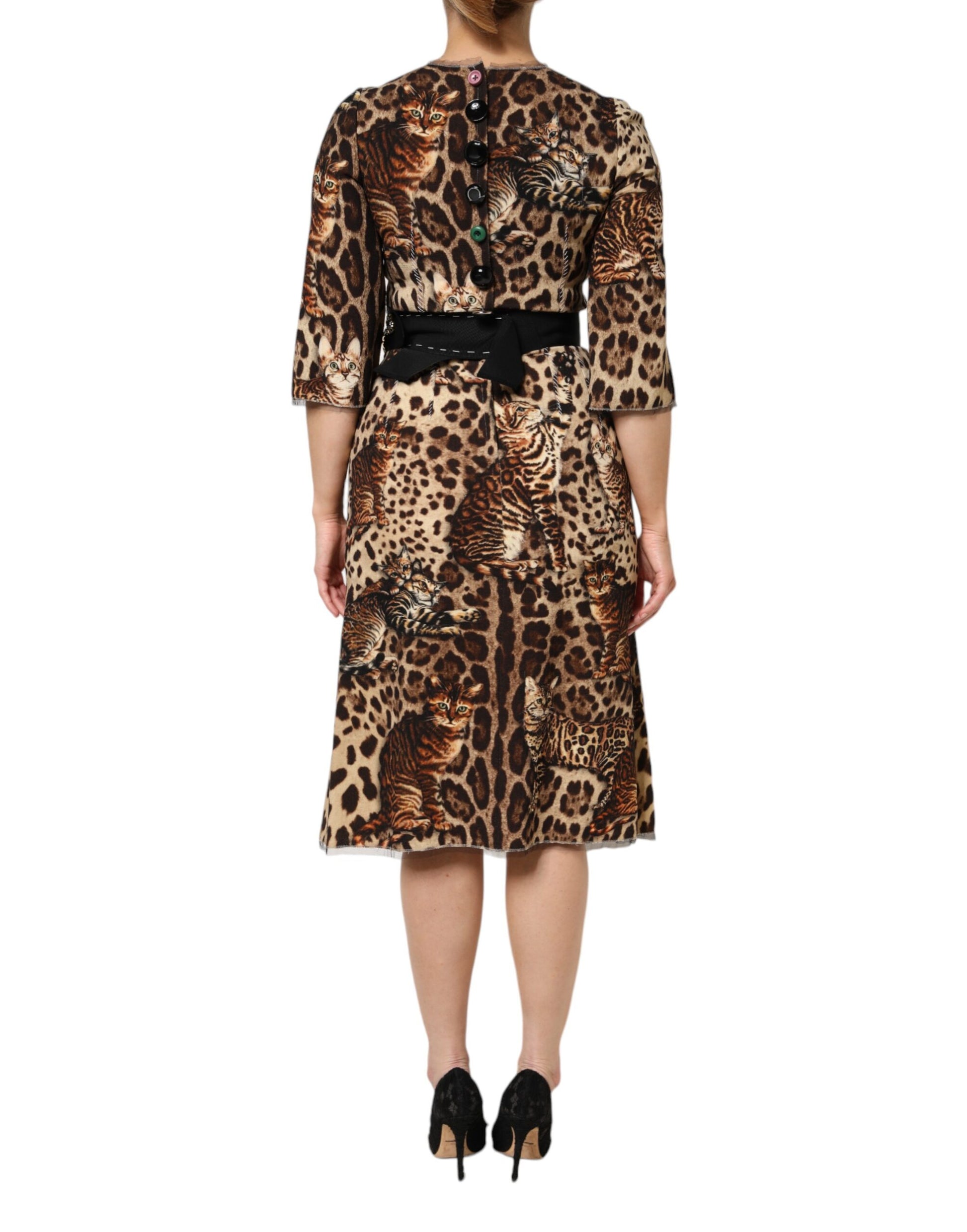 Braunes A-Linien-Midikleid mit Leopardenmuster und Gürtel