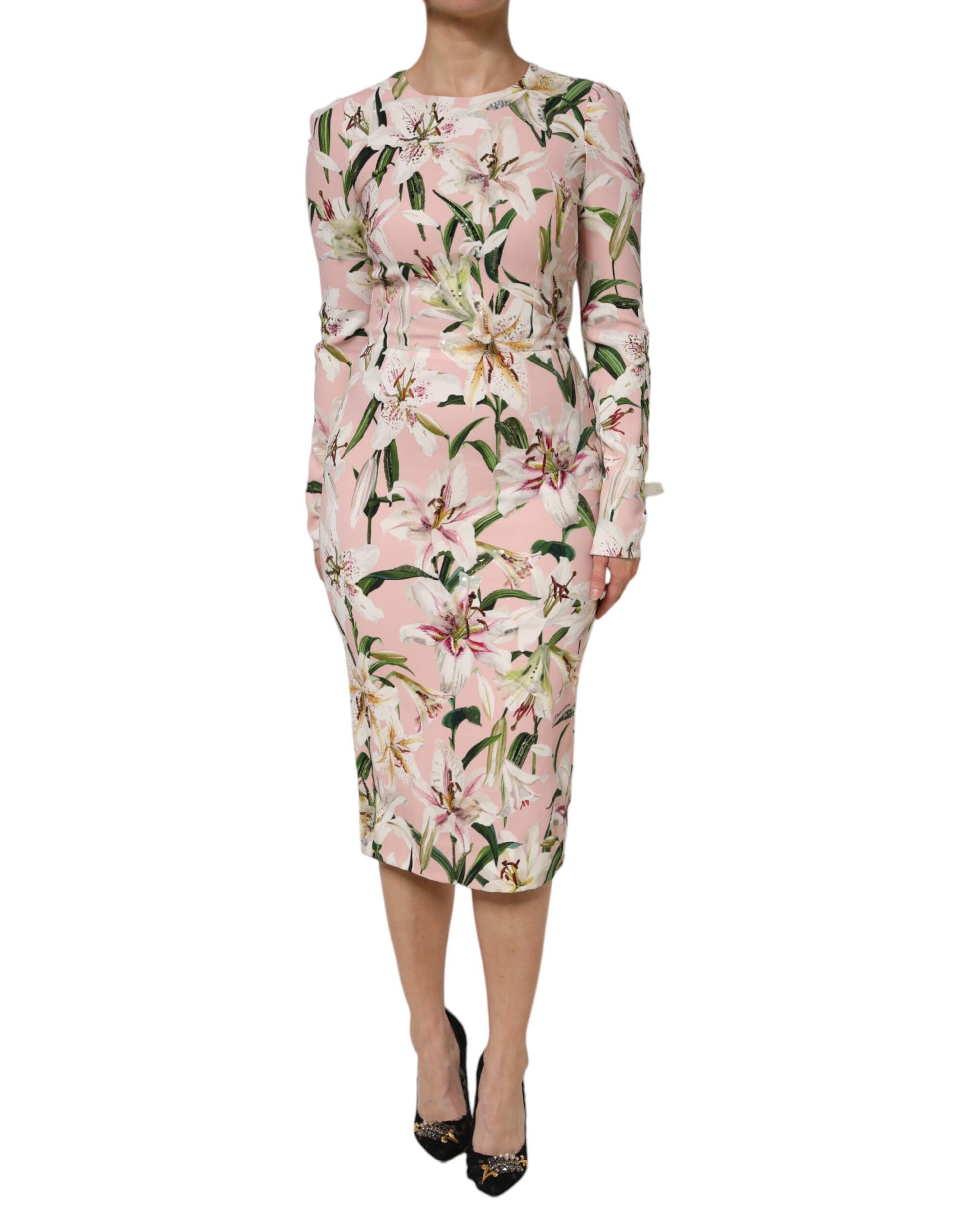 Dolce & Gabbana Pink Lily Viscose Sheath Stretch Midi Dress