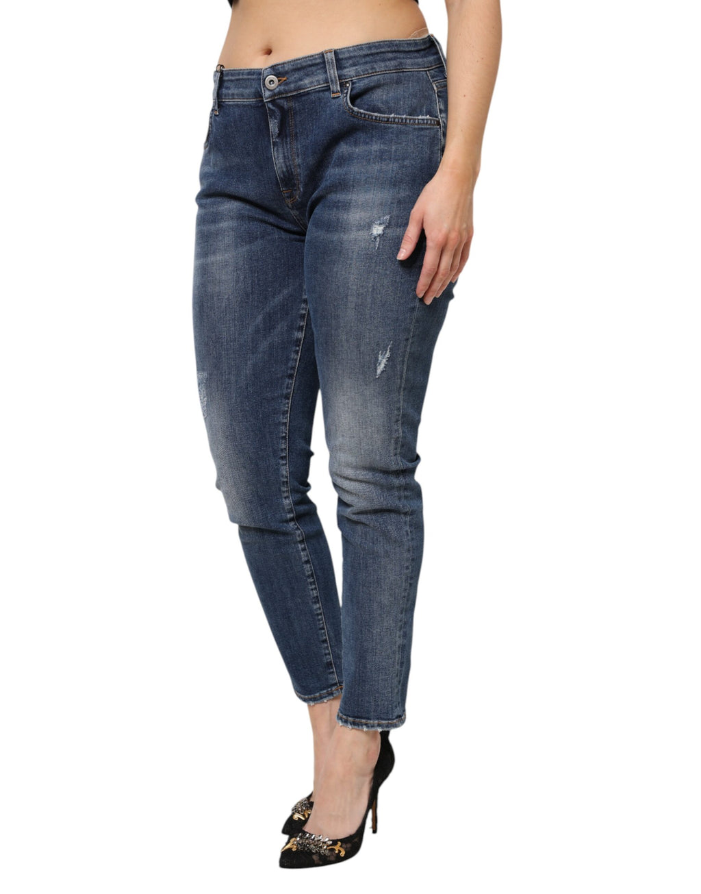 Blaue Jeans aus gewaschener Baumwolle mit niedriger Taille