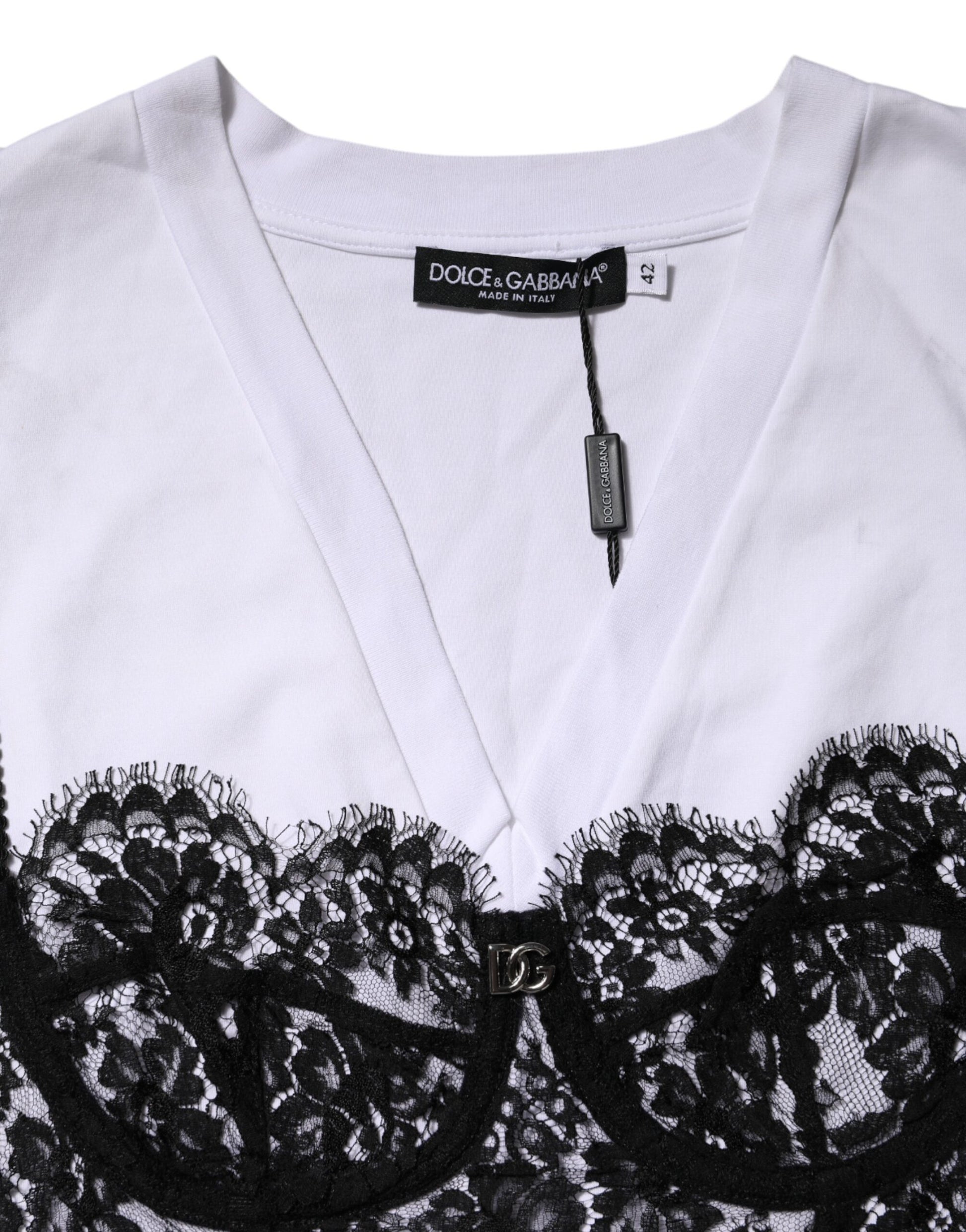 Dolce & Gabbana White Lace Cotton V-Neck Short Sleeves Top