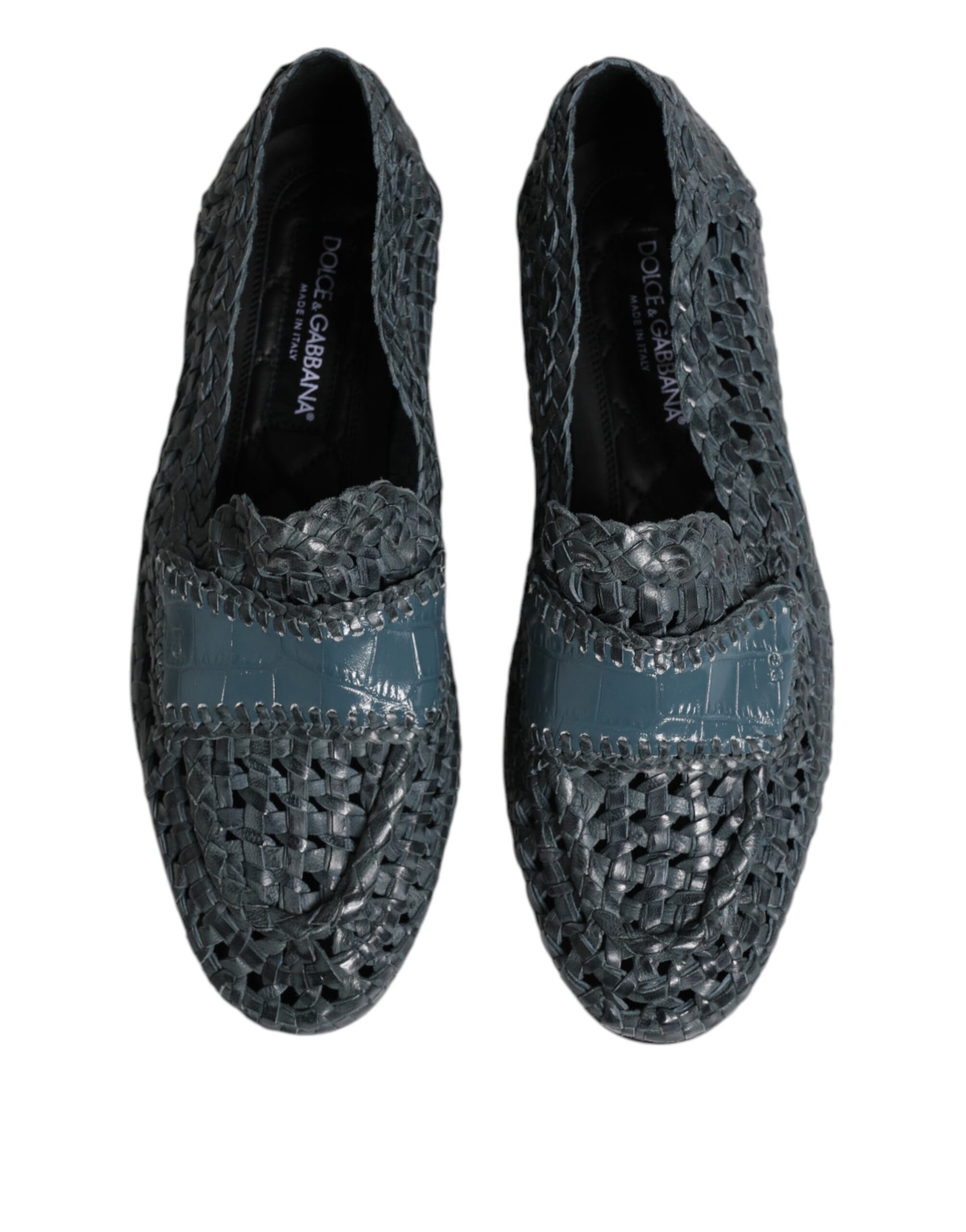 Blaue Slipper aus gewebtem Leder
