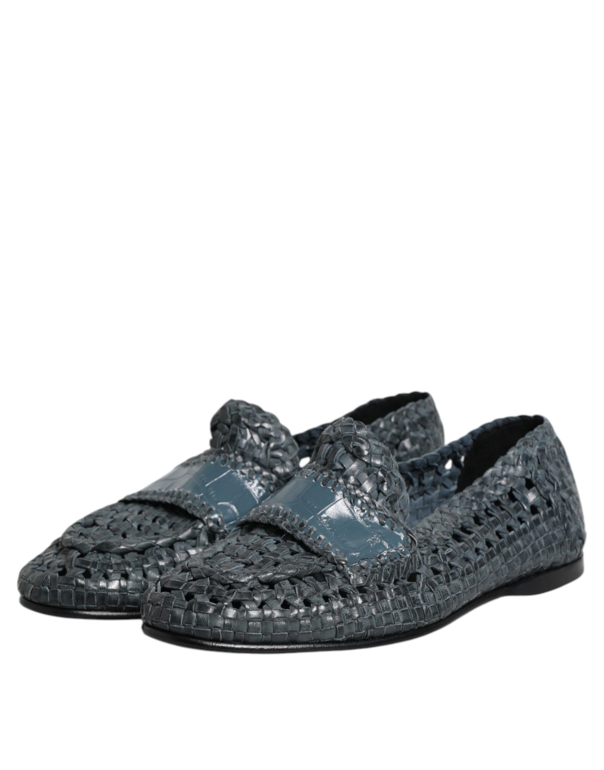 Blaue Slipper aus gewebtem Leder
