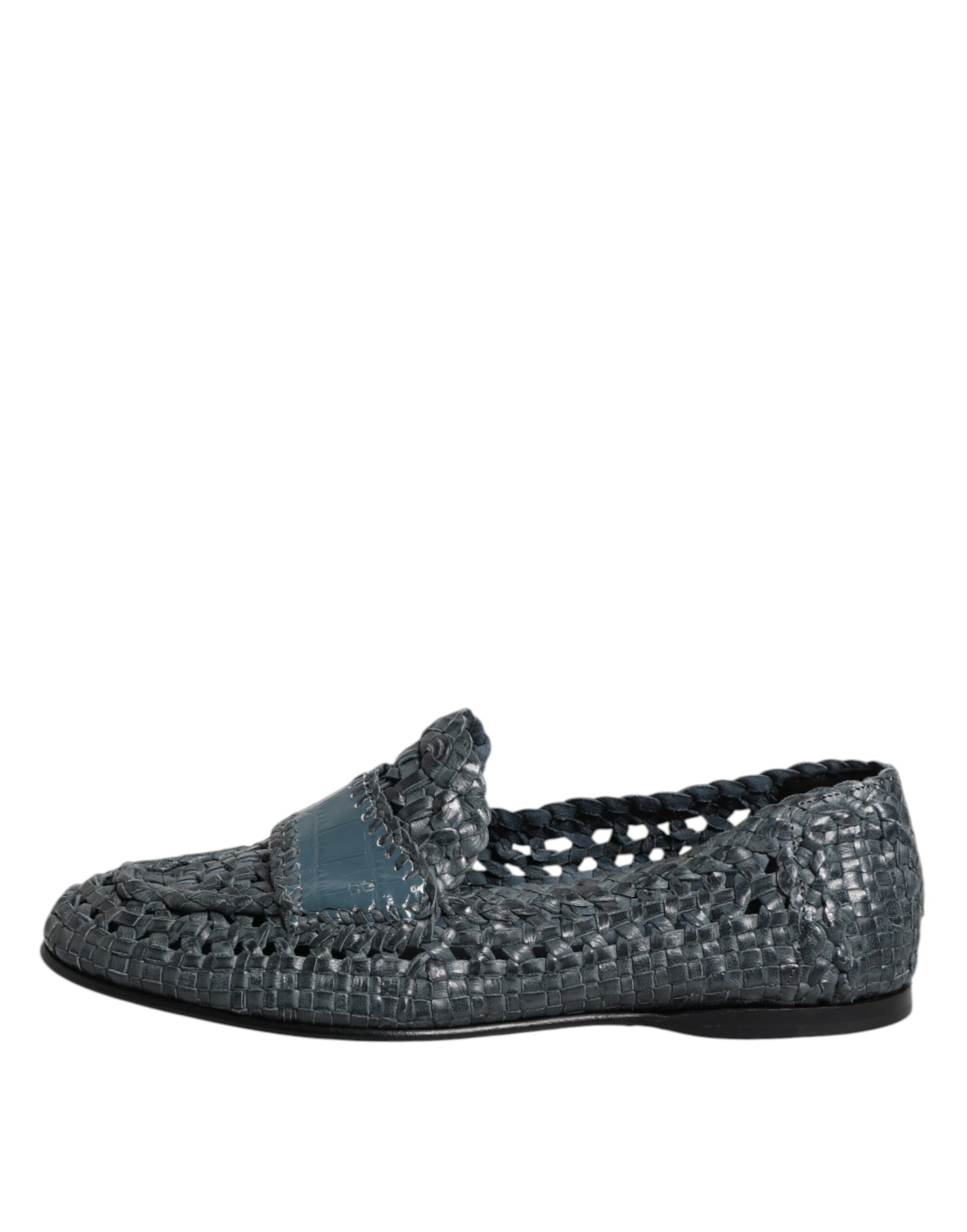 Blaue Slipper aus gewebtem Leder