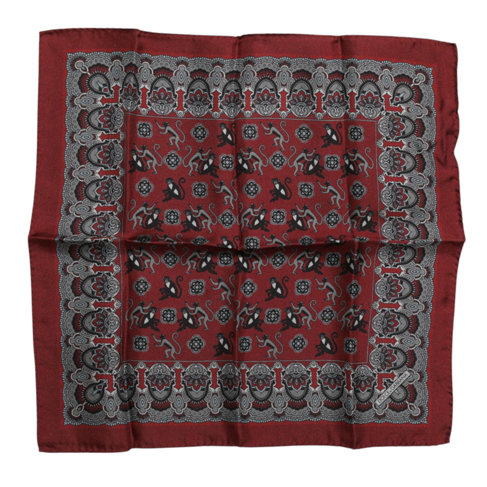 Dolce & Gabbana Maroon Monkey Print Silk Square Foulard Scarf