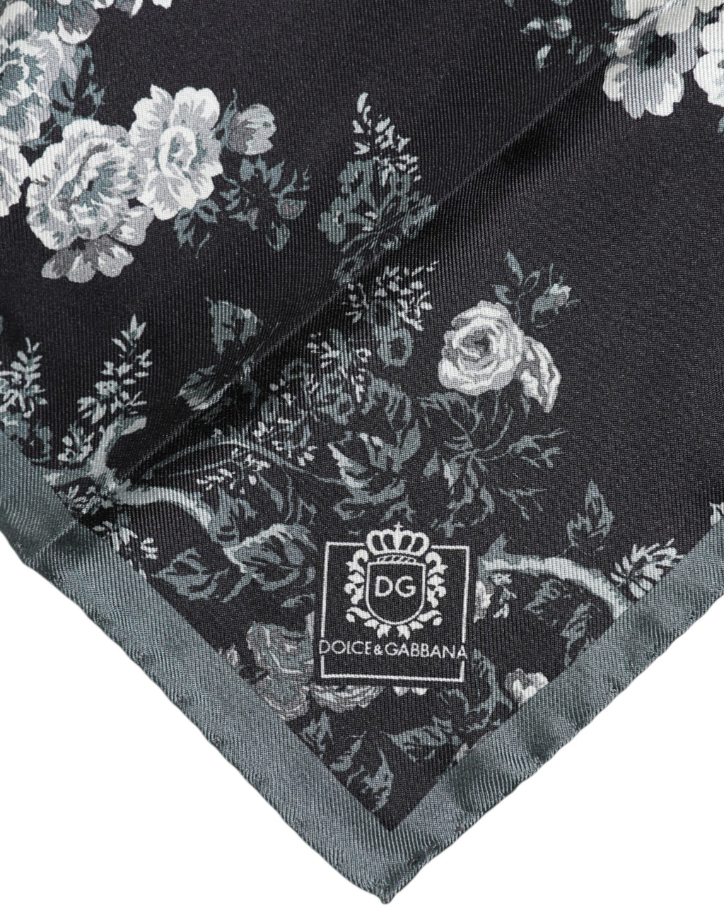Schwarzer quadratischer Foulard aus Seide mit Blumenmuster