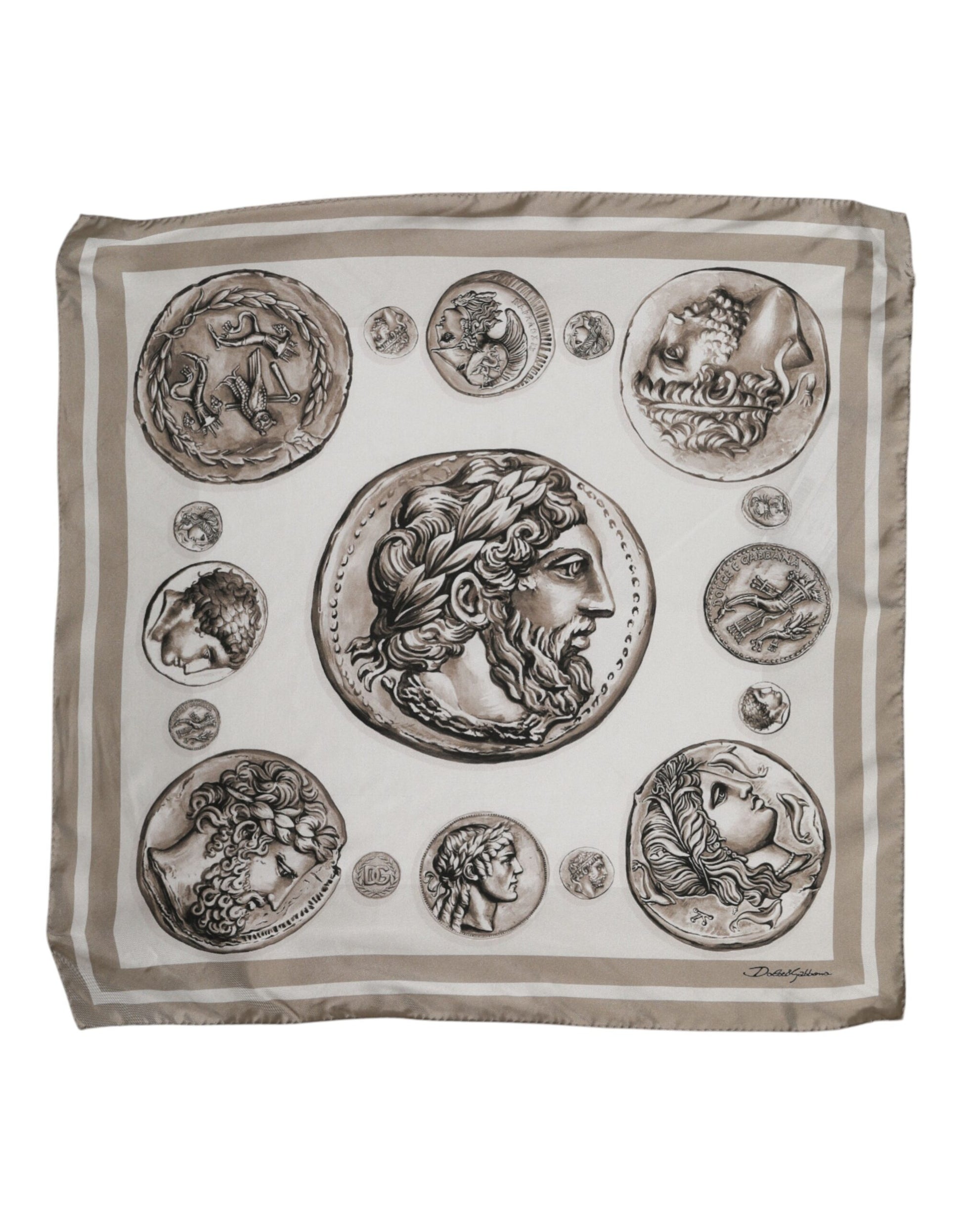 Beigefarbener quadratischer Foulard aus Seide mit grafischem Muster für Herren
