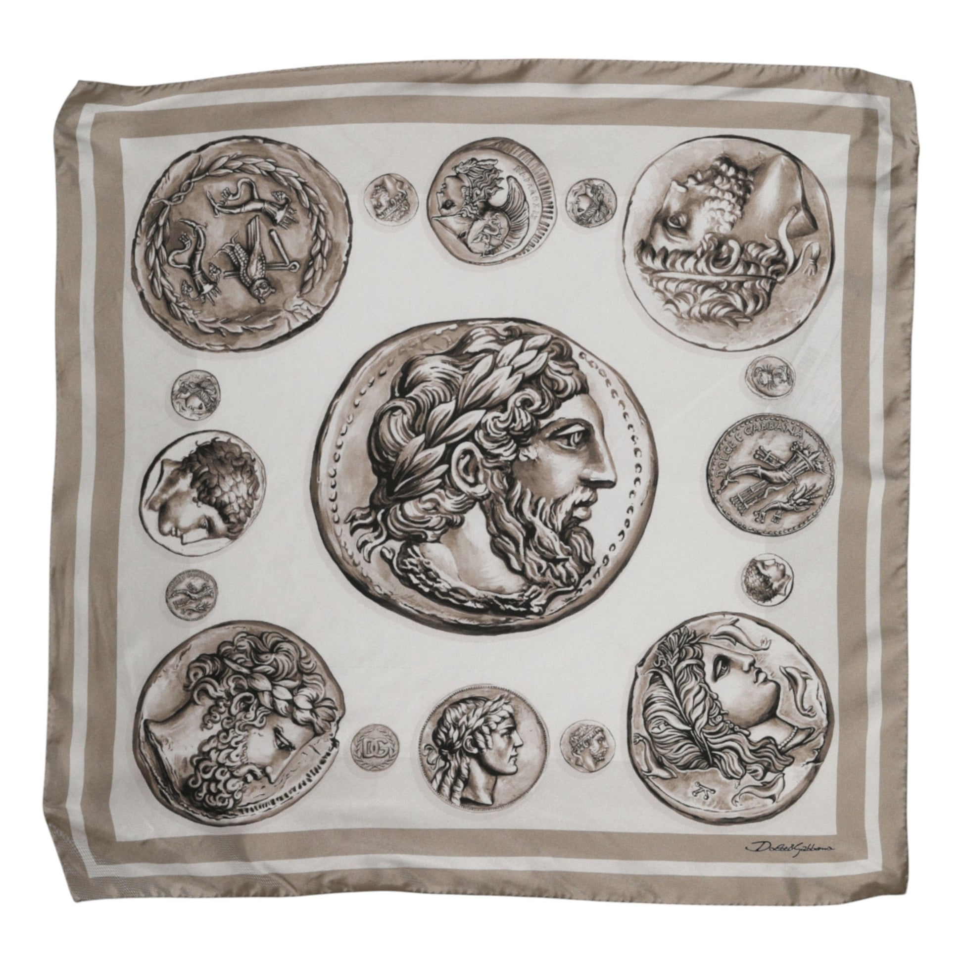 Beigefarbener quadratischer Foulard aus Seide mit grafischem Muster für Herren