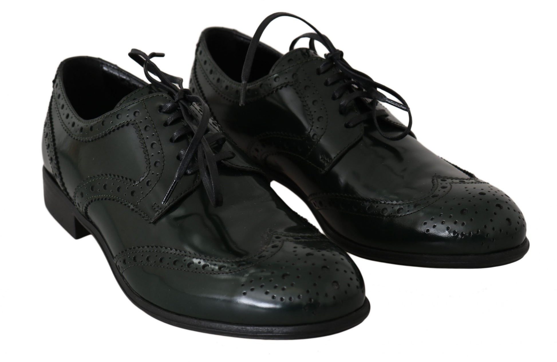 Grüne Broque-Oxford-Schuhe aus Leder mit Flügelkappe
