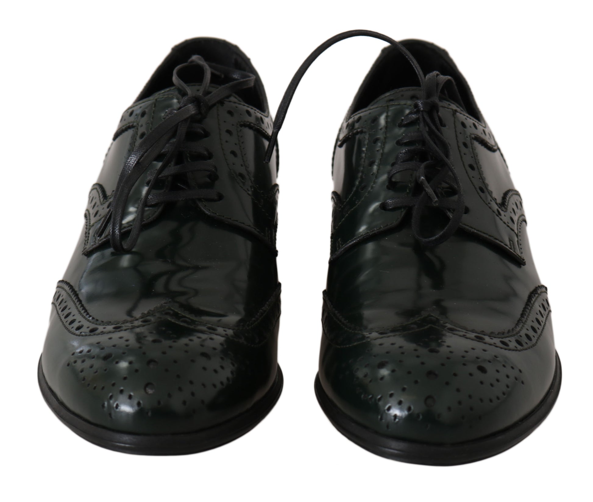 Grüne Broque-Oxford-Schuhe aus Leder mit Flügelkappe