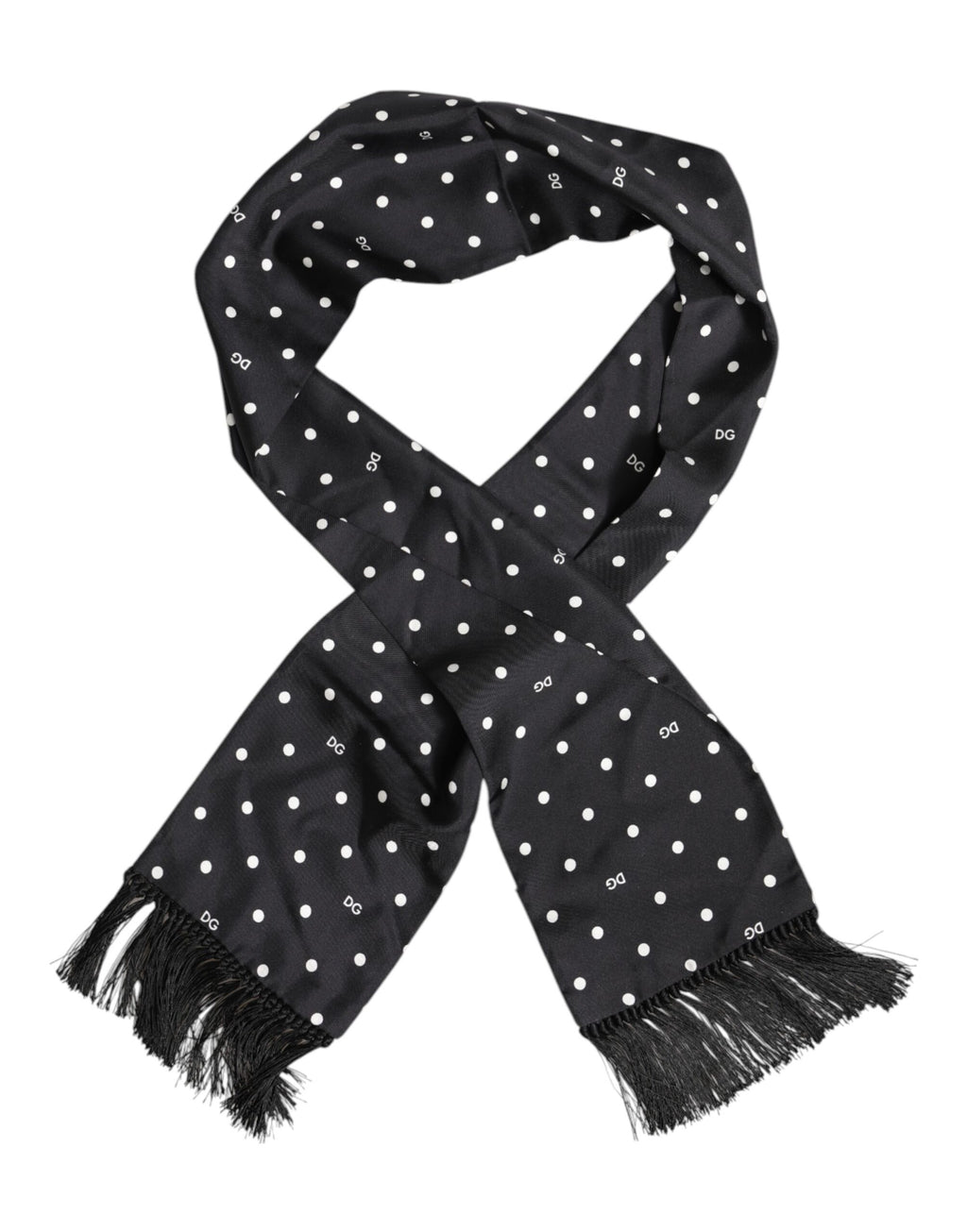 Schwarz-weißer Foulard-Schal mit gepunkteten Fransen