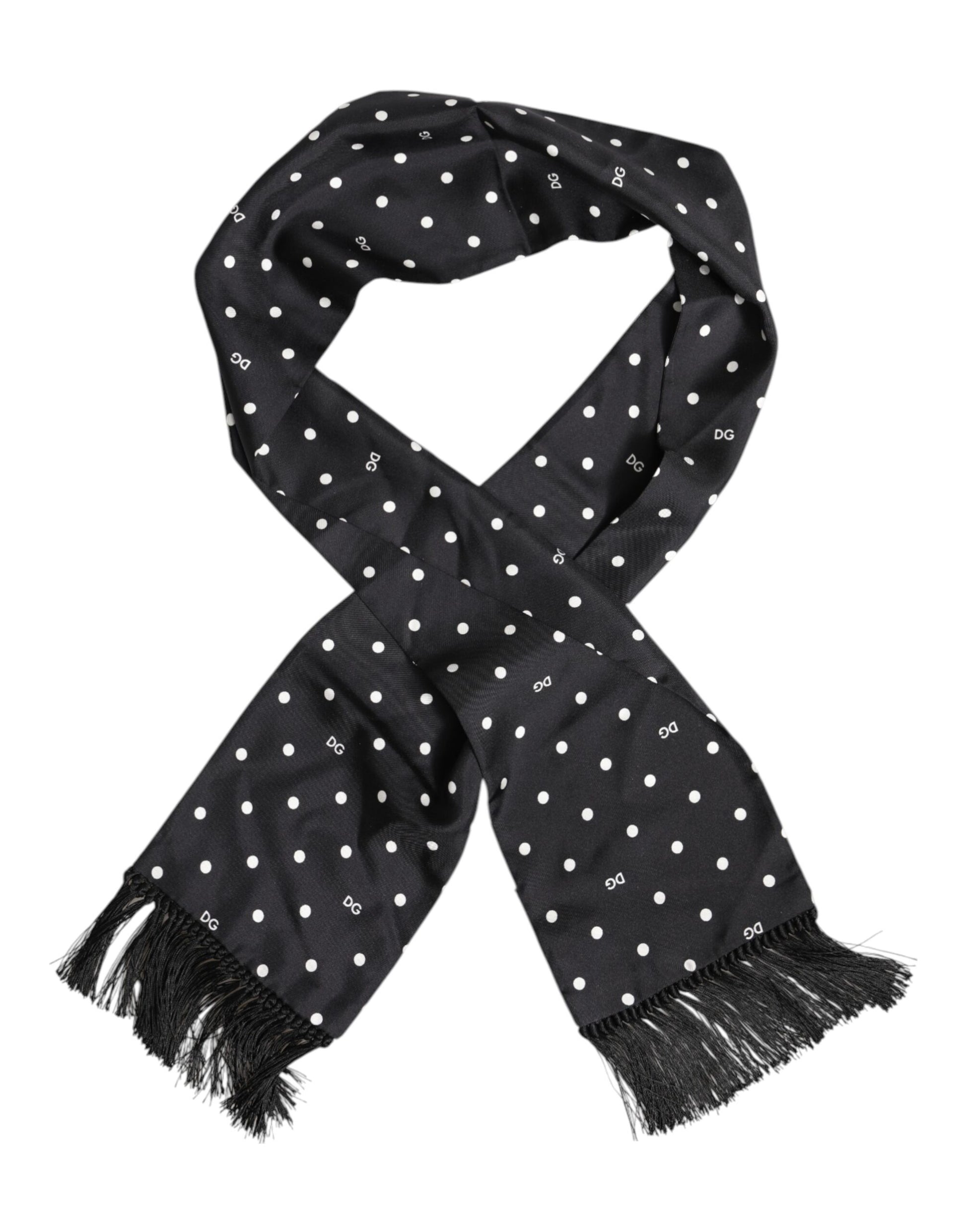 Schwarz-weißer Foulard-Schal mit gepunkteten Fransen
