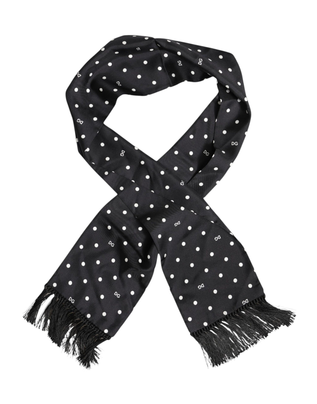 Schwarz-weißer Foulard-Schal mit gepunkteten Fransen