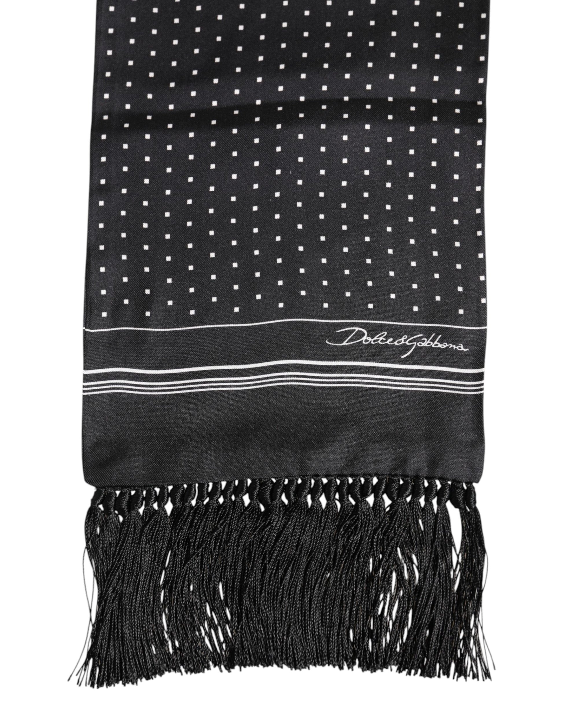 Schwarz-weißer Foulard-Schal mit gepunkteten Fransen
