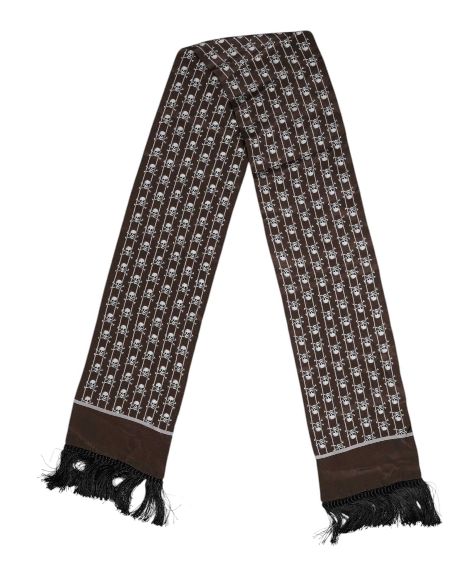Brauner Foulard-Schal mit Totenkopf-Print und Fransen