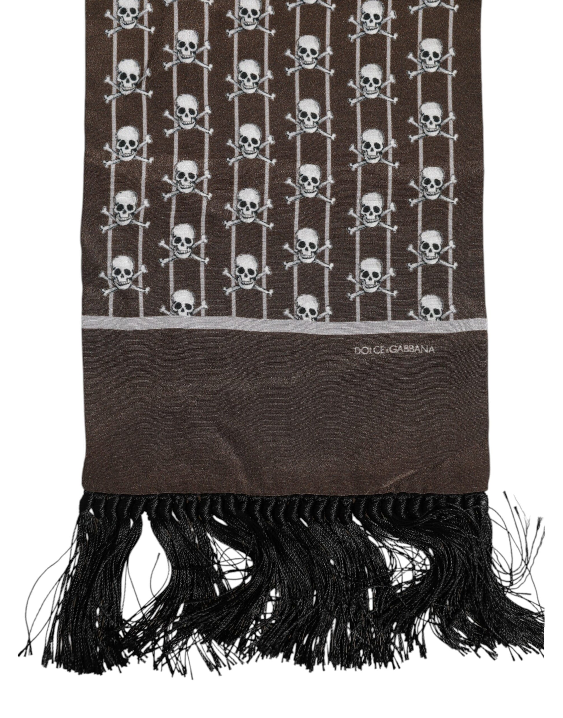 Brauner Foulard-Schal mit Totenkopf-Print und Fransen