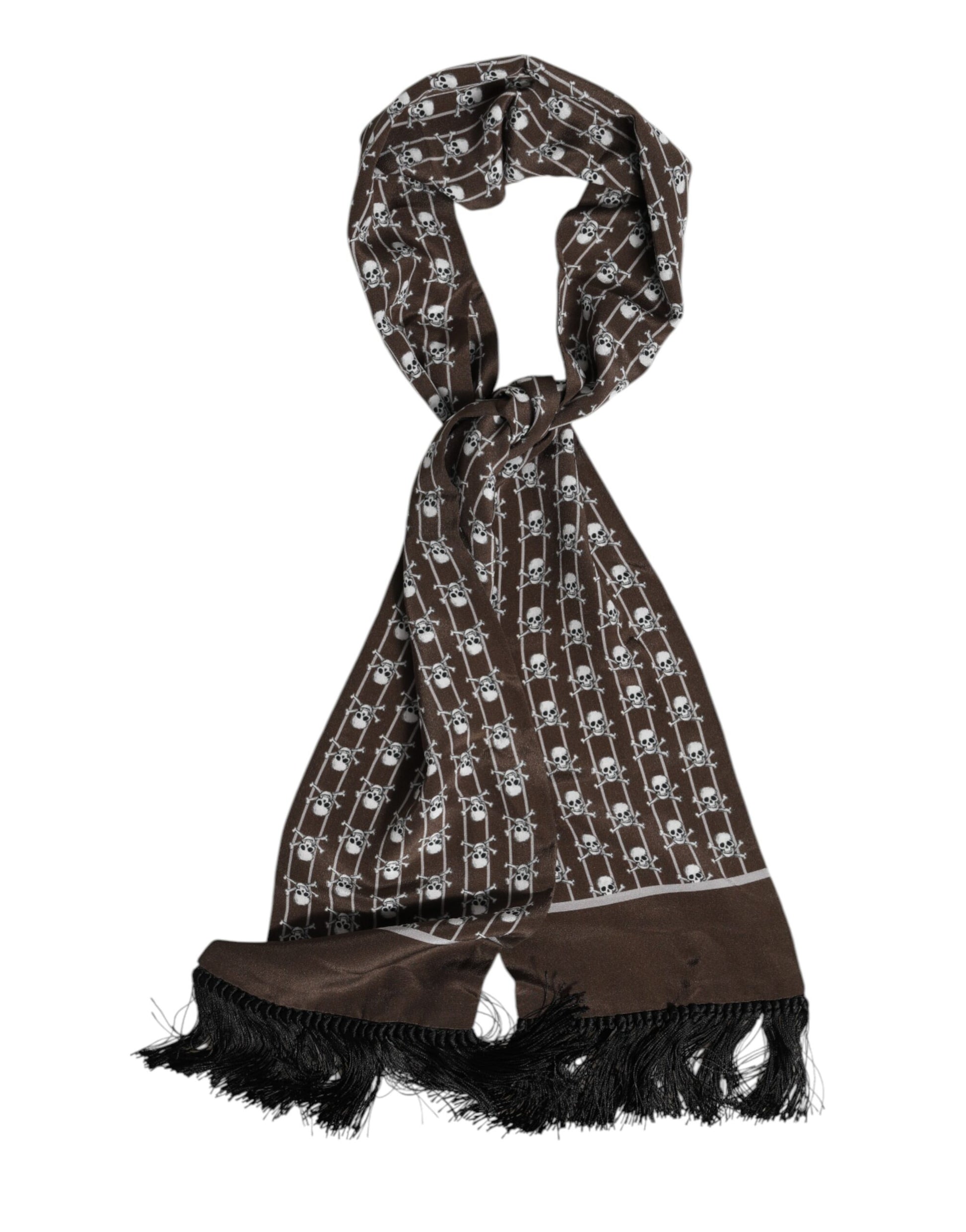 Brauner Foulard-Schal mit Totenkopf-Print und Fransen