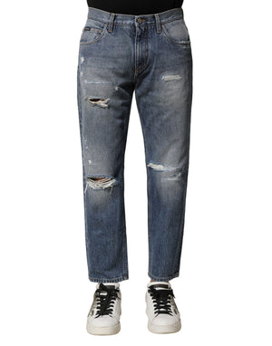 Blau verwaschene, zerfetzte Straight-Fit-Jeans