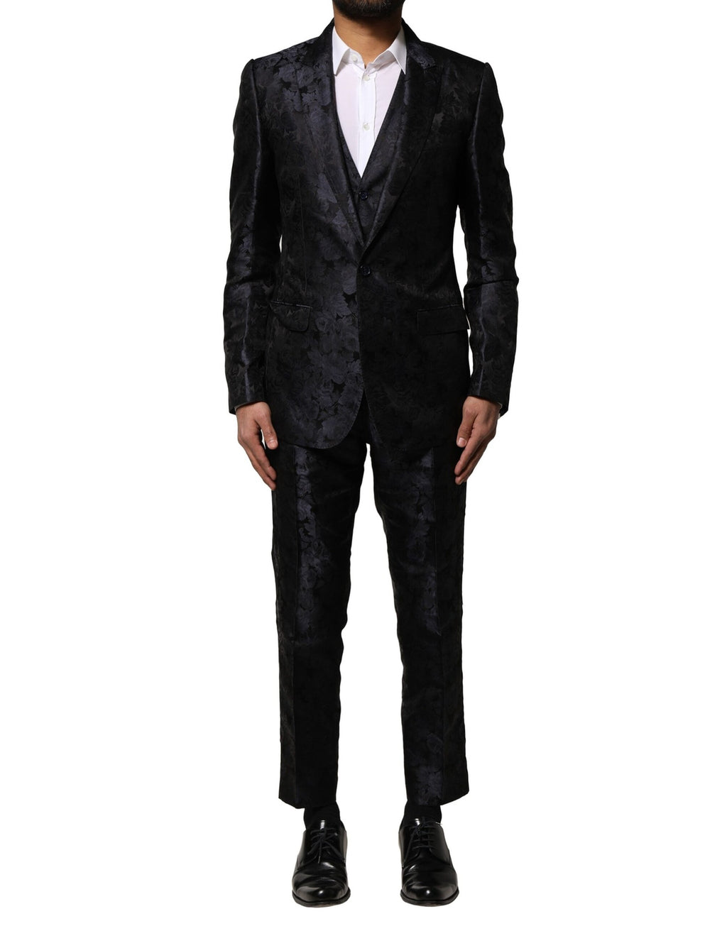 Schwarzer, einreihiger 3-teiliger Jacquard-Anzug