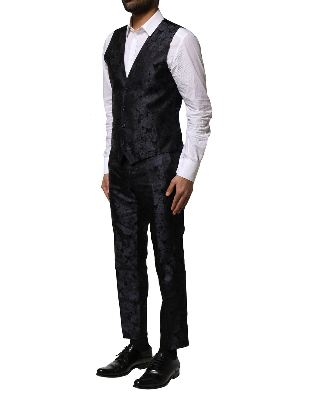 Schwarzer, einreihiger 3-teiliger Jacquard-Anzug
