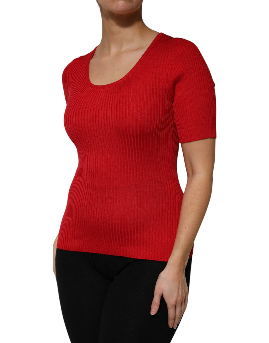 Rotes Pullover-Oberteil mit Rundhalsausschnitt und kurzen Ärmeln