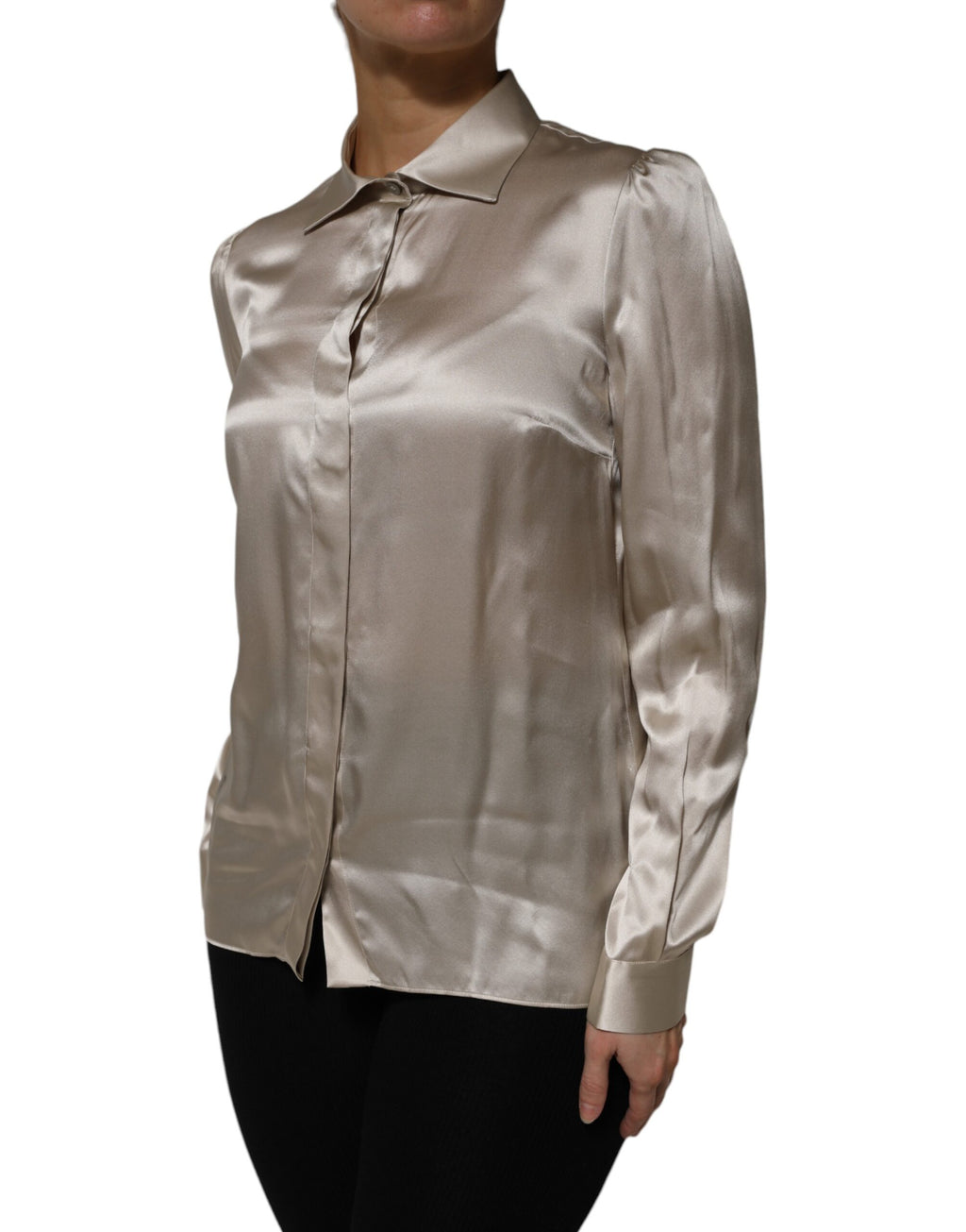 Dolce & Gabbana Beige Satin Silk Collared Long Sleeves Top