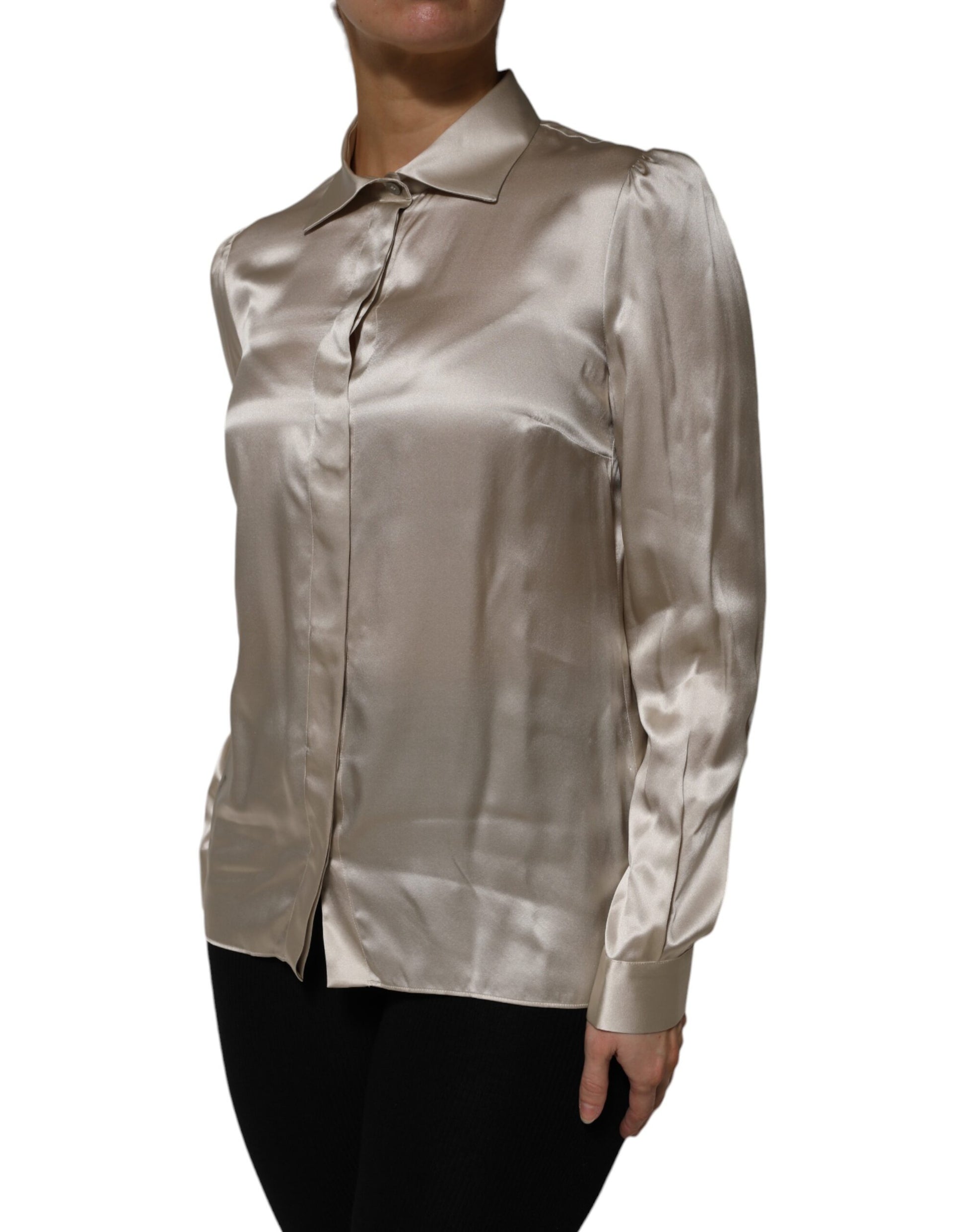 Dolce & Gabbana Beige Satin Silk Collared Long Sleeves Top