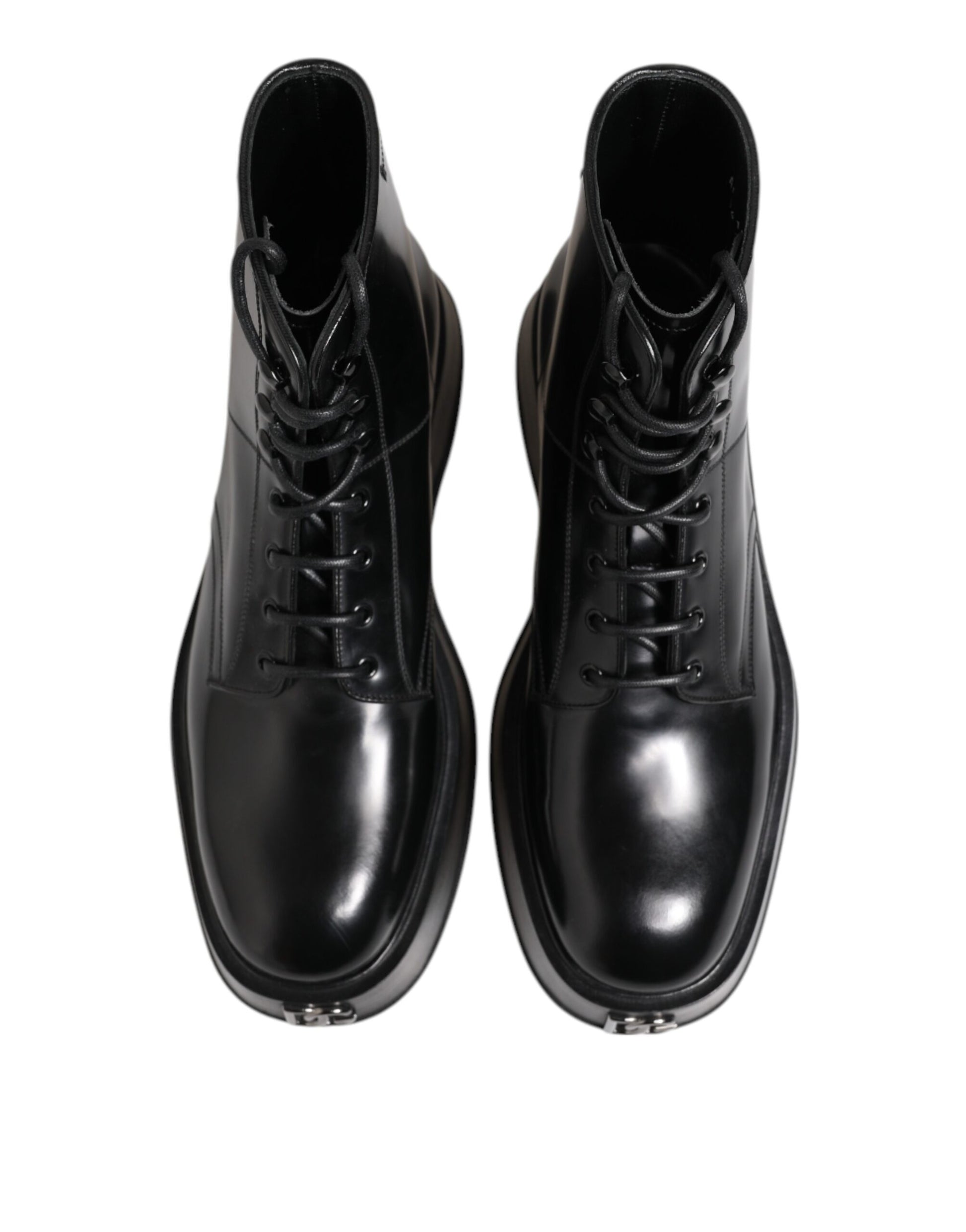 Dolce & Gabbana Black Leather Logo Ankle Boots Lace Up Shoes
