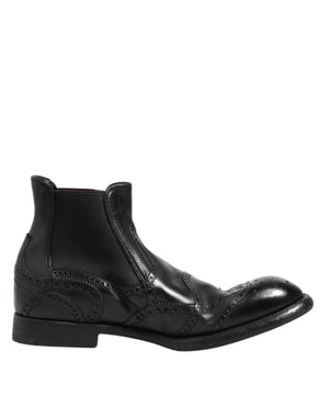 Dolce & Gabbana Black Leather Ankle Boots Slip On Shoes
