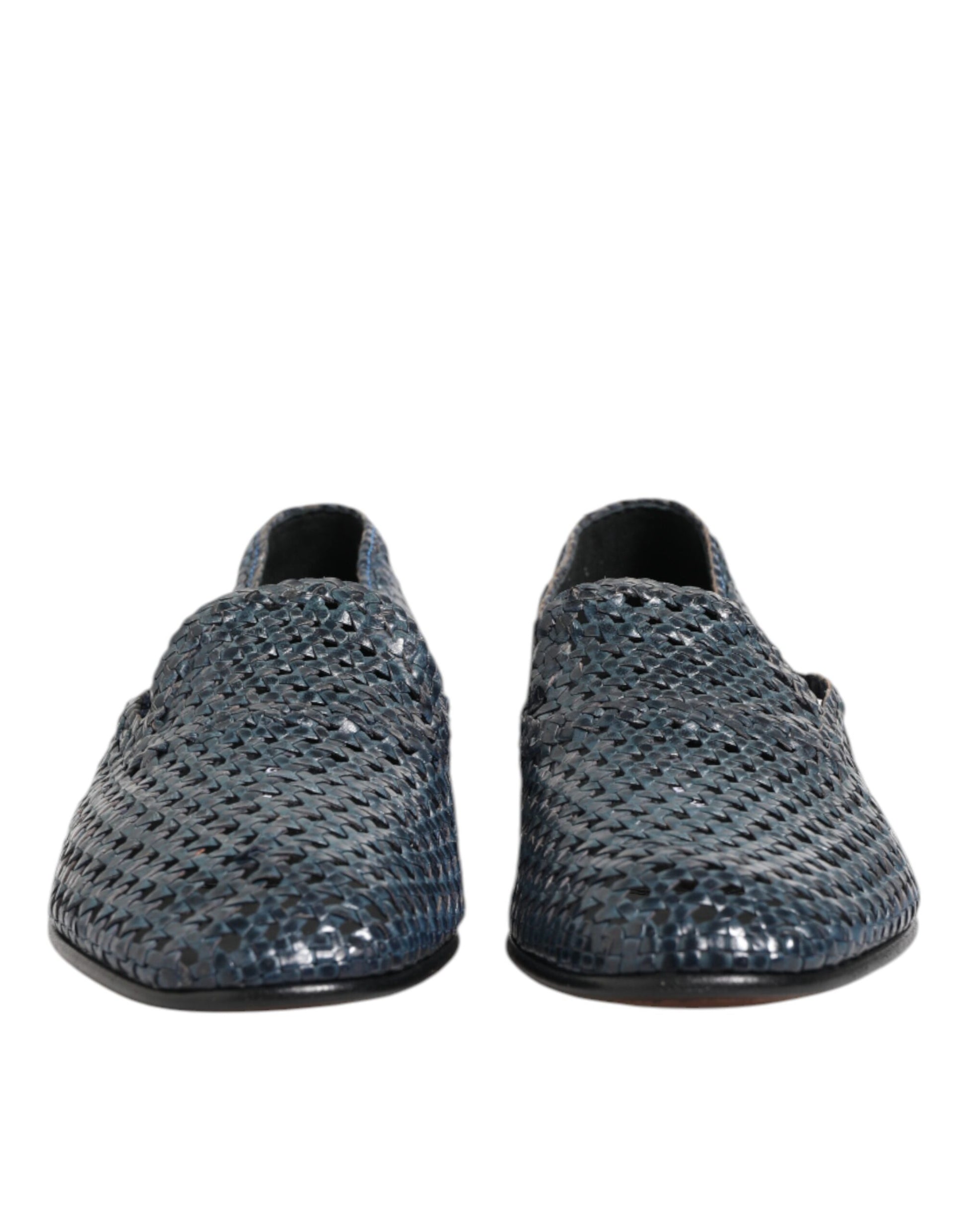 Blaue Slipper aus gewebtem Leder