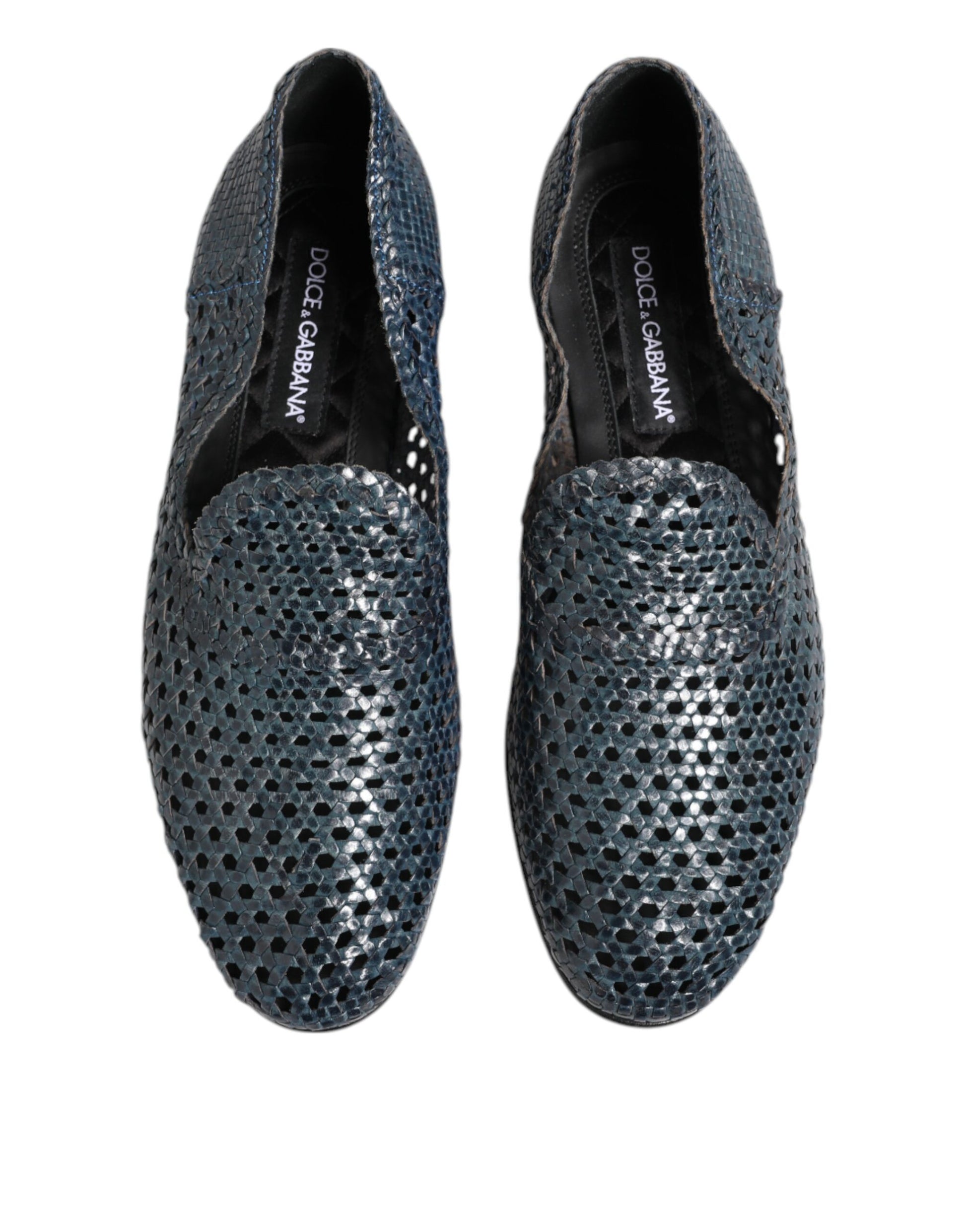 Blaue Slipper aus gewebtem Leder