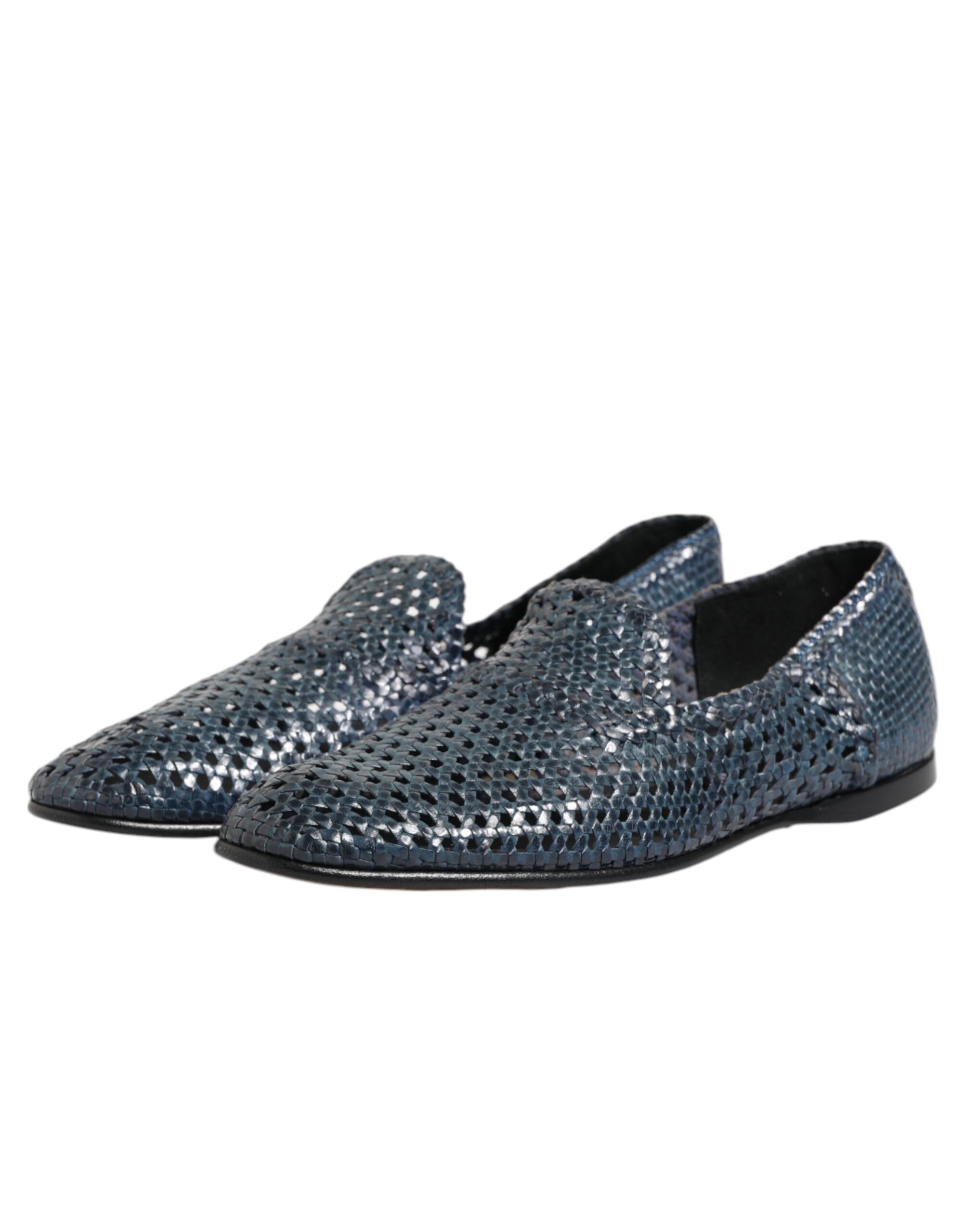 Blaue Slipper aus gewebtem Leder