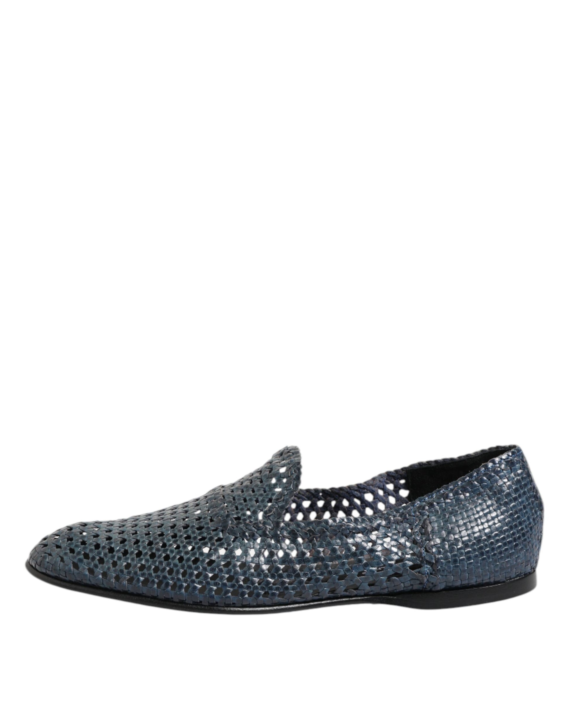 Blaue Slipper aus gewebtem Leder
