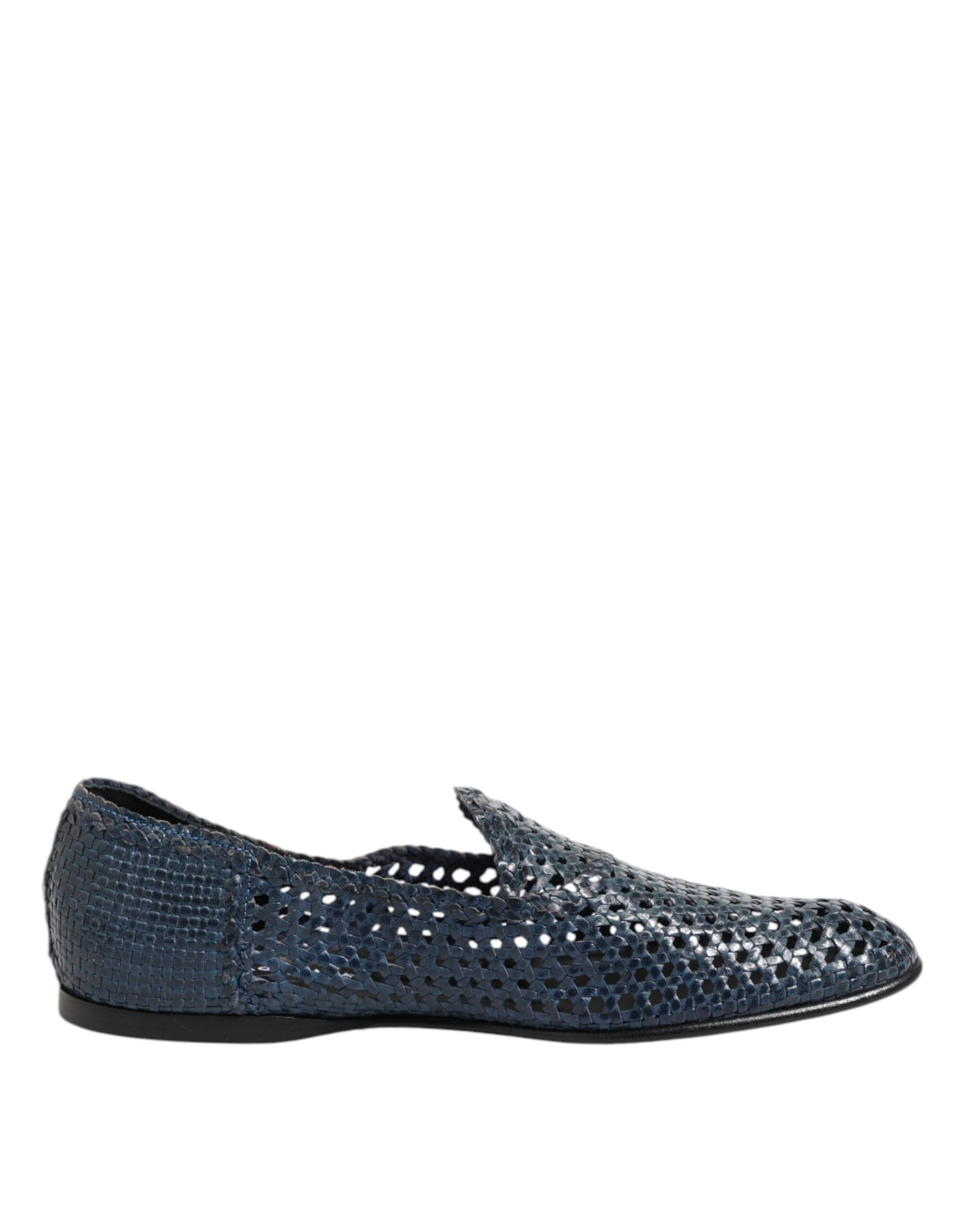 Blaue Slipper aus gewebtem Leder
