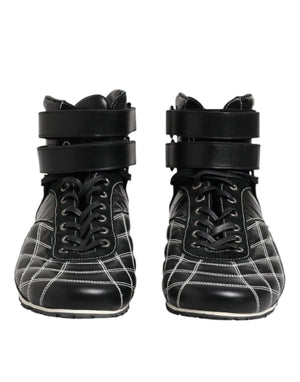 Schwarze gesteppte Leder-Schnürsneaker