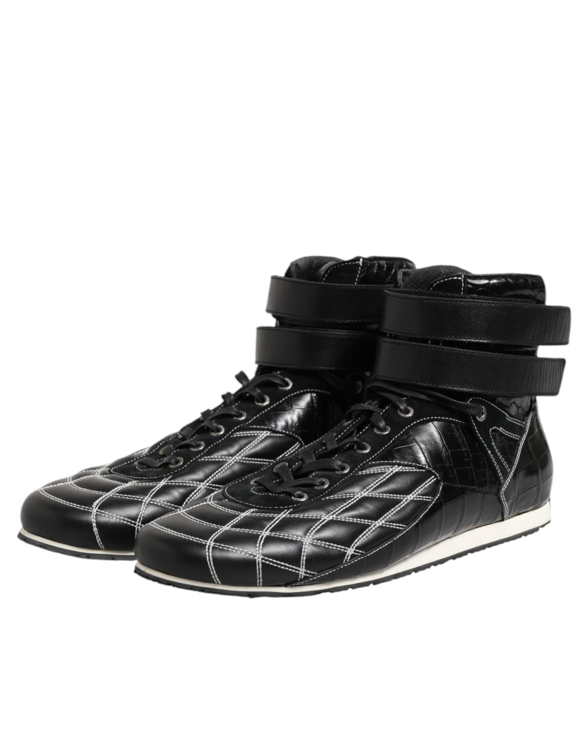 Schwarze gesteppte Leder-Schnürsneaker