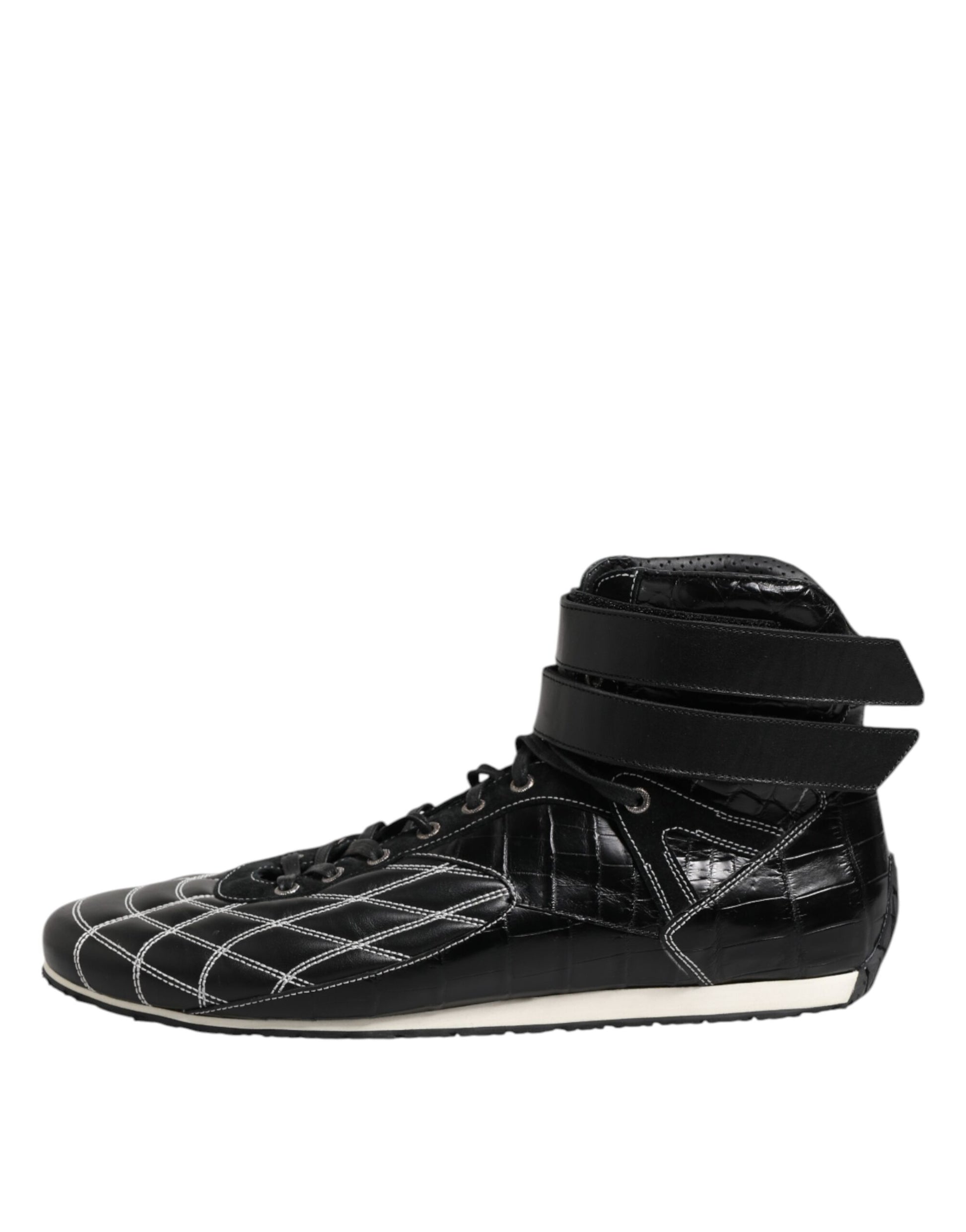 Schwarze gesteppte Leder-Schnürsneaker