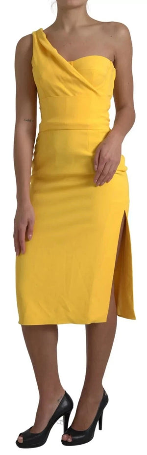 Gelbes Midi-Etuikleid mit One-Shoulder-Träger und Schlitz