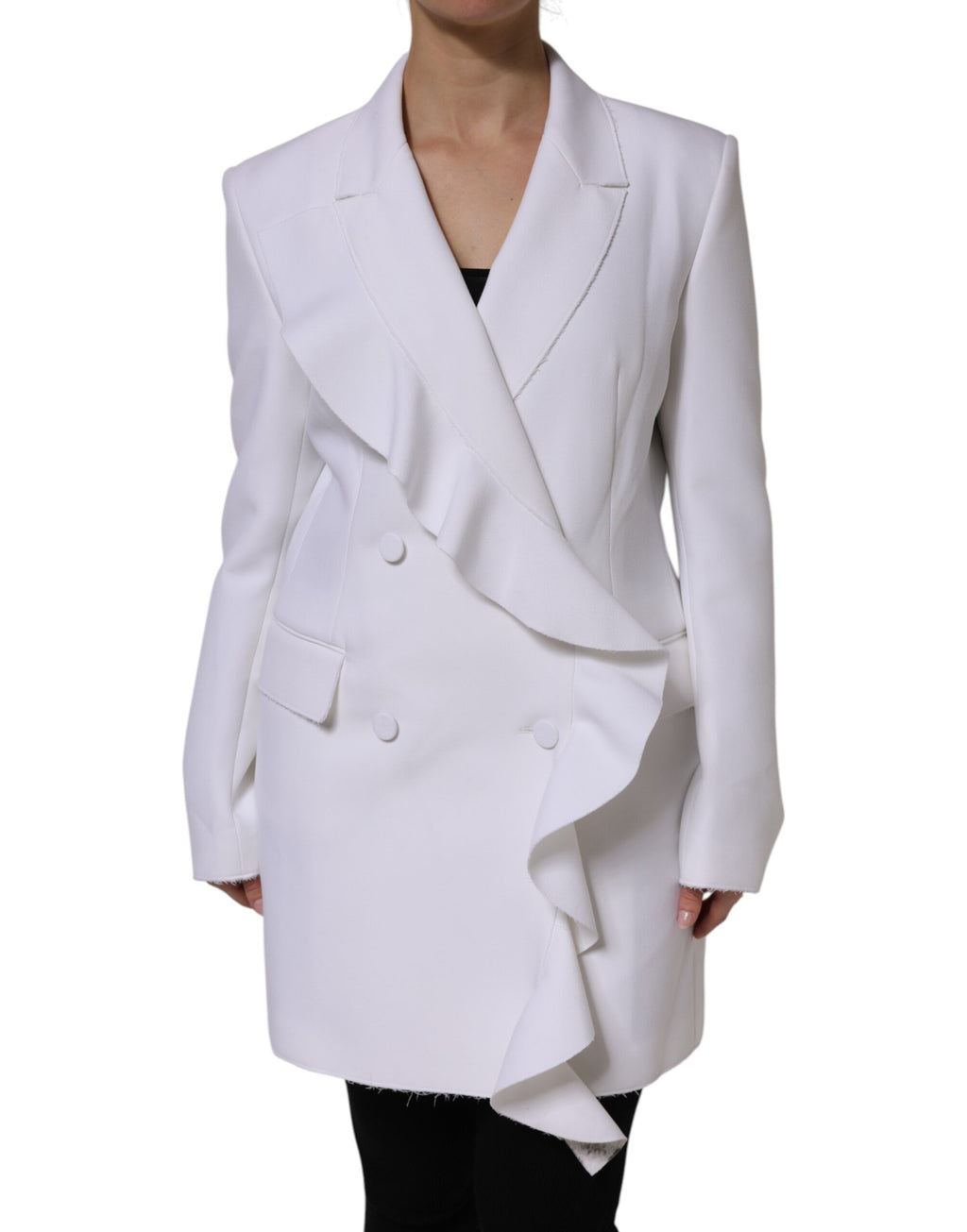 Weiße Wickeljacke aus Polyester mit langen Ärmeln und Rüschen