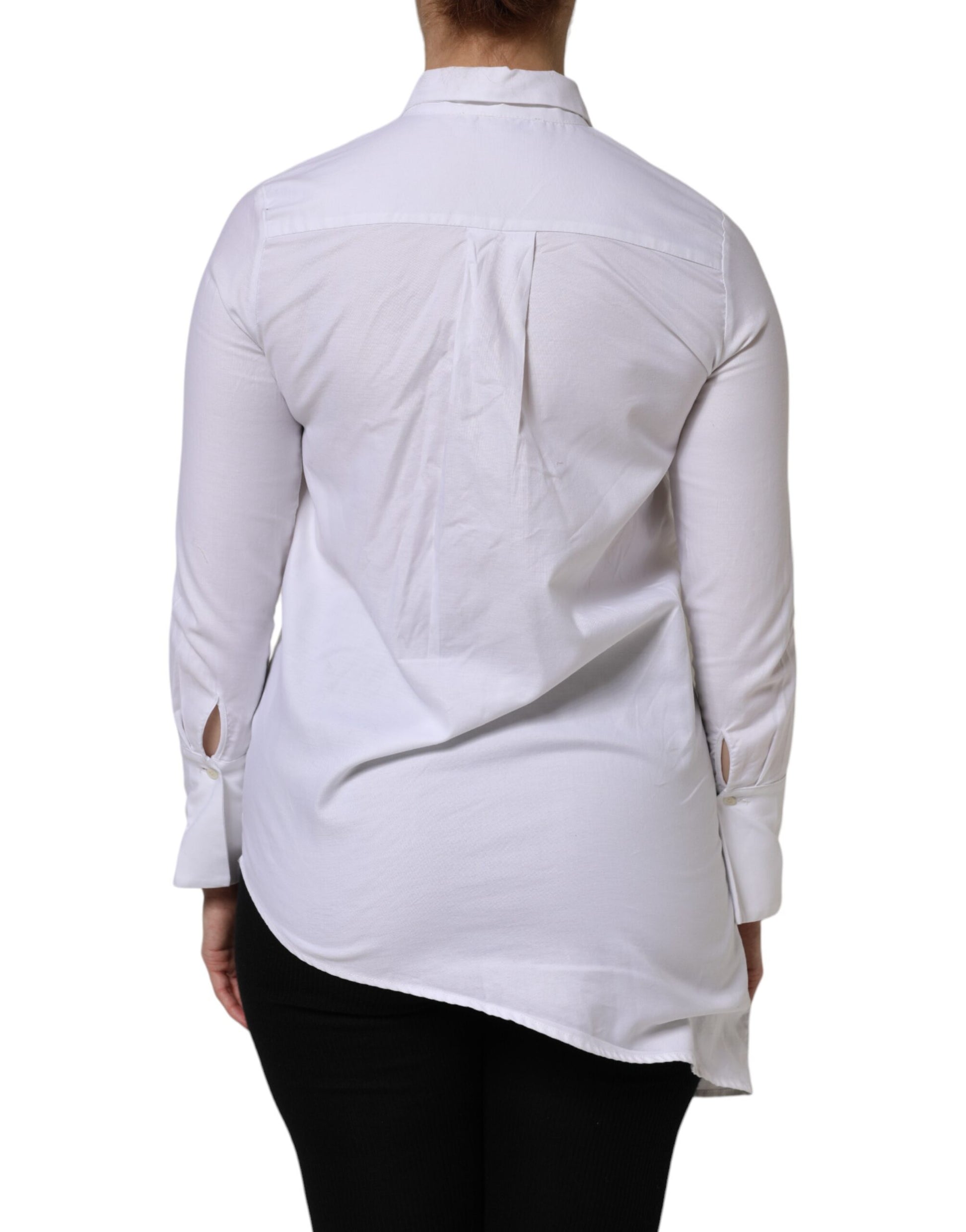 AGLINI White Cotton Collared Long Sleeves Ruffle Top Shirt