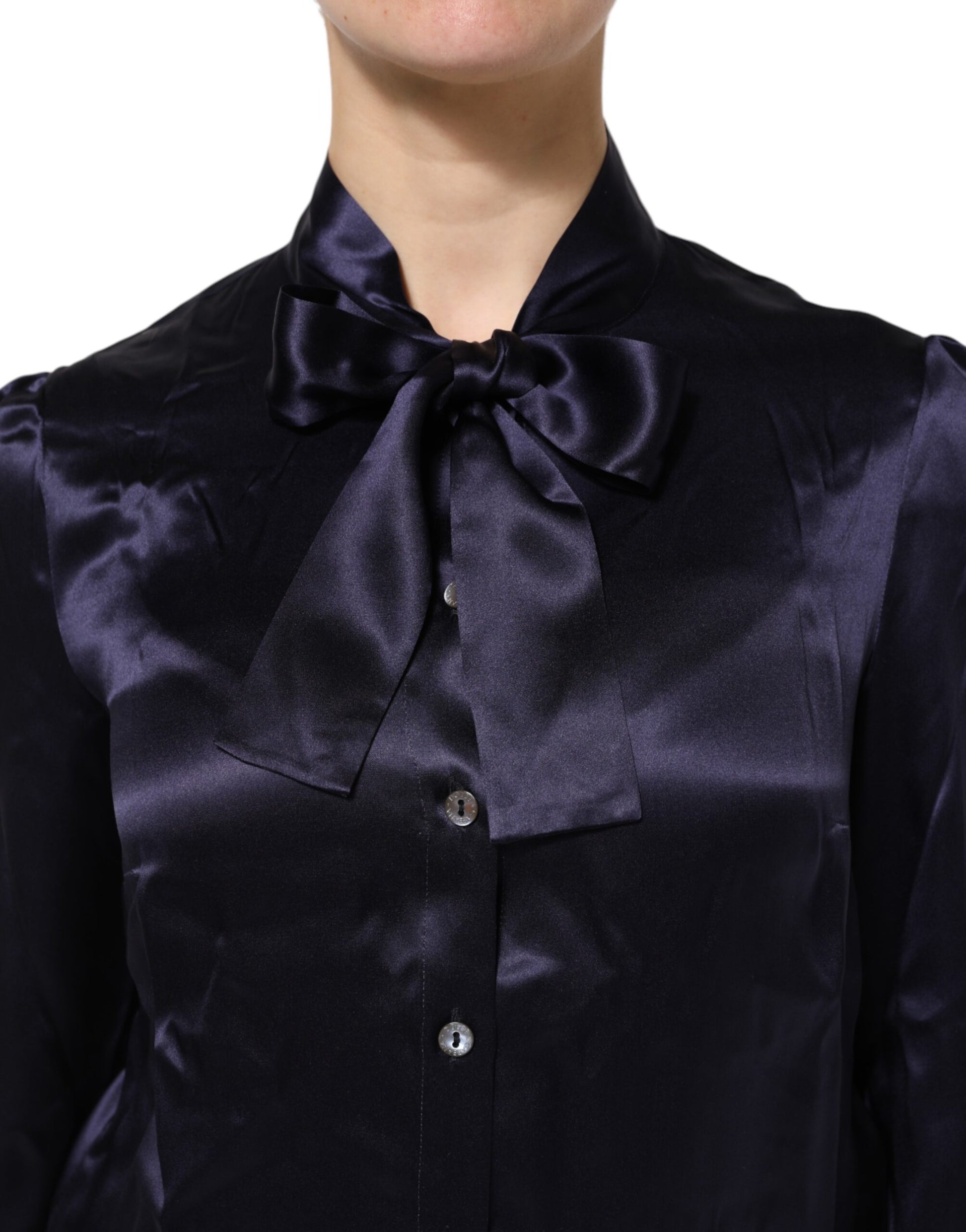 Dolce & Gabbana Dark Purple Silk Ascot Collared Blouse Top